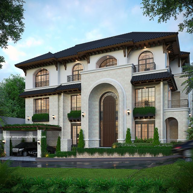 Desain Tampak Depan 2 Rumah Mediteran Klasik 3 Lantai Bapak ZNL di Depok
