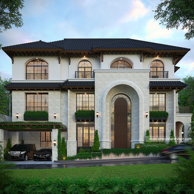 Desain Tampak Depan 3 Rumah Mediteran Klasik 3 Lantai Bapak ZNL di Depok