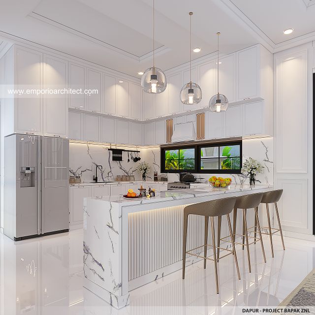 Desain Dapur Rumah Mediteran Klasik 3 Lantai Bapak ZNL di Depok
