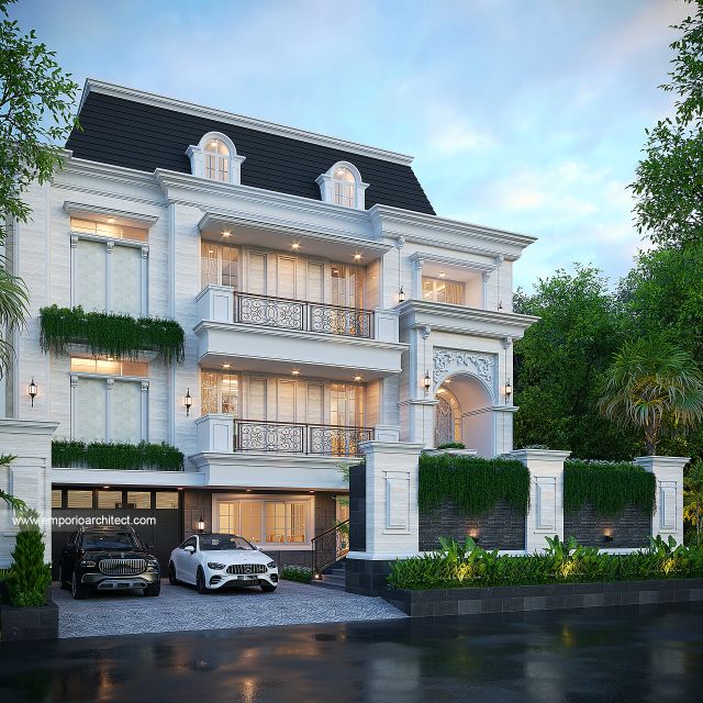Desain Tampak Depan Rumah Mediteran Klasik 3 Lantai Ibu SDH di Surabaya