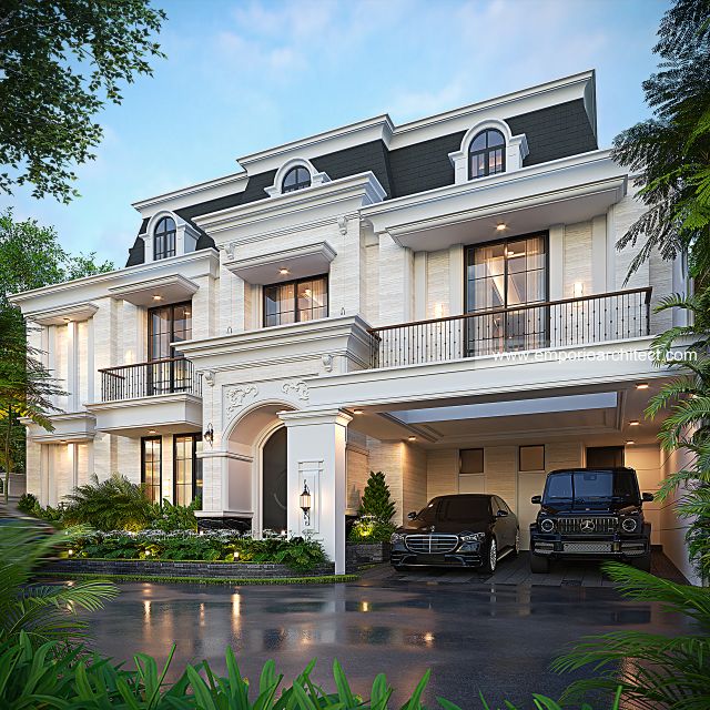 Desain Tampak Depan 2 Rumah Mediteran Klasik 3 Lantai Bapak A di Semarang
