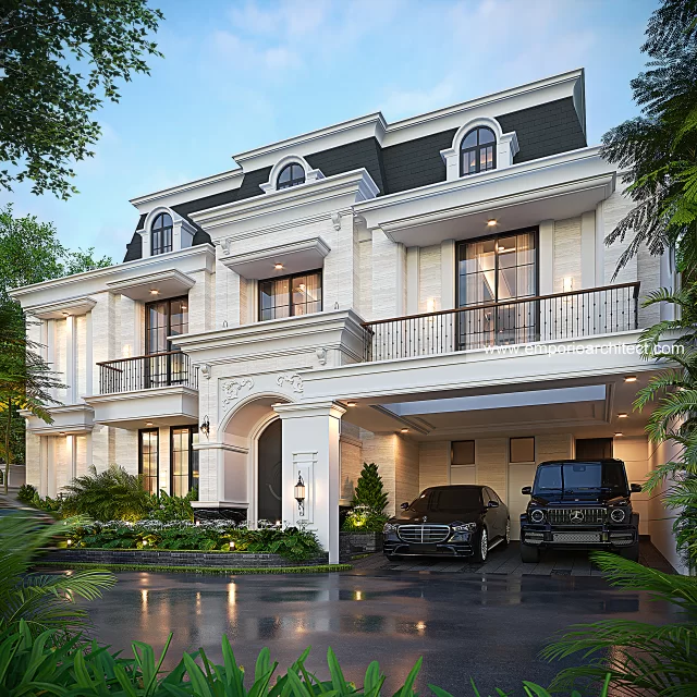Desain Tampak Depan 2 Rumah Mediteran Klasik 3 Lantai Bapak A di Batam