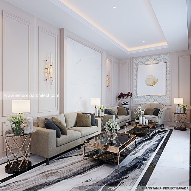 Desain Ruang Tamu Rumah Mediteran Klasik 3 Lantai Bapak A di Semarang