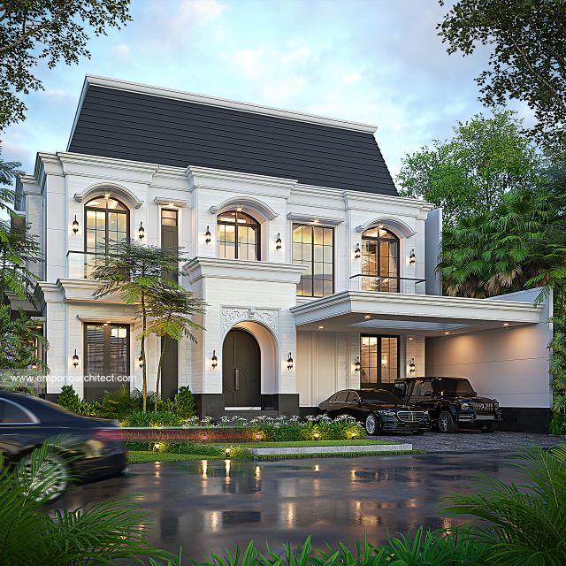 Desain Tampak Depan Rumah Mediteran Klasik 3 Lantai Bapak HDS di BSD, Tangerang Selatan