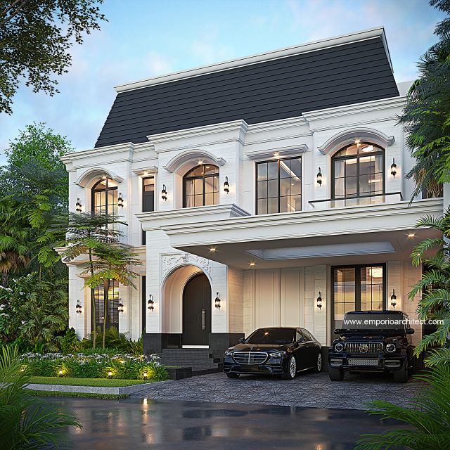 Desain Tampak Depan 2 Rumah Mediteran Klasik 3 Lantai Bapak HDS di BSD, Tangerang Selatan