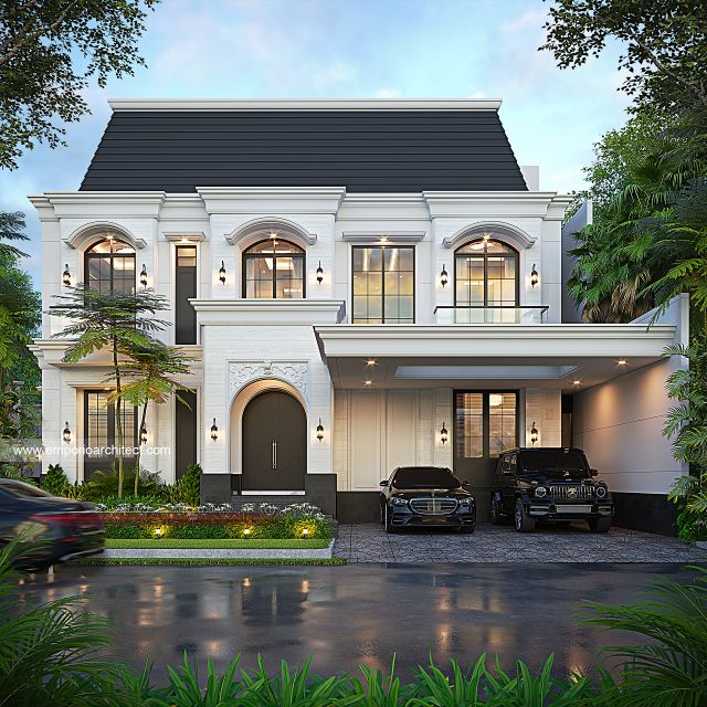 Desain Tampak Depan 3 Rumah Mediteran Klasik 3 Lantai Bapak HDS di BSD, Tangerang Selatan