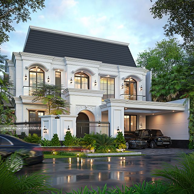 Desain Tampak Depan Dengan Pagar Rumah Mediteran Klasik 3 Lantai Bapak HDS di BSD, Tangerang Selatan