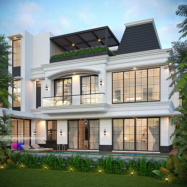 Desain Tampak Belakang Rumah Mediteran Klasik 3 Lantai Bapak HDS di BSD, Tangerang Selatan