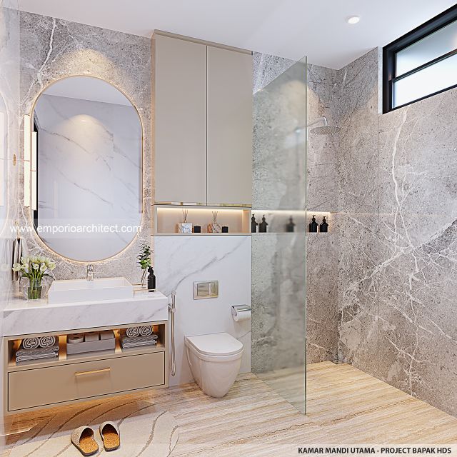 Desain Kamar Mandi Utama Rumah Mediteran Klasik 3 Lantai Bapak HDS di BSD, Tangerang Selatan