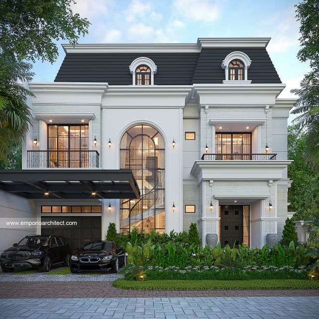 Desain Tampak Depan Rumah Mediteran Klasik 3 Lantai Ibu EWT di Surabaya