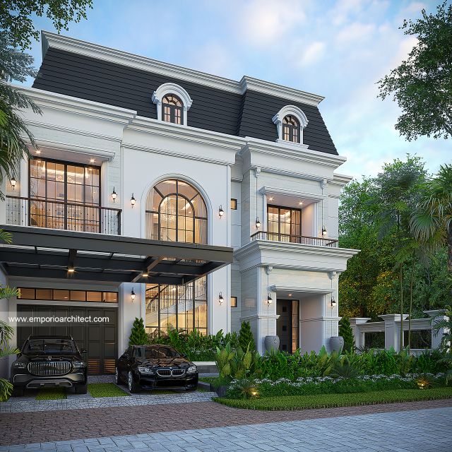 Desain Tampak Depan 2 Rumah Mediteran Klasik 3 Lantai Ibu EWT di Surabaya