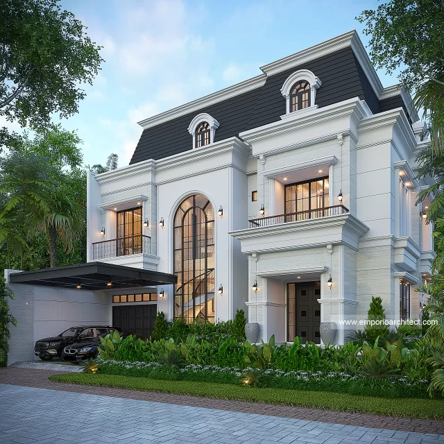 Desain Tampak Depan 3 Rumah Mediteran Klasik 3 Lantai Ibu EWT di Surabaya