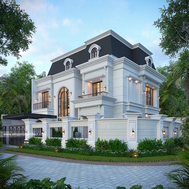 Desain Tampak Hook Dengan Pagar Rumah Mediteran Klasik 3 Lantai Ibu EWT di Surabaya