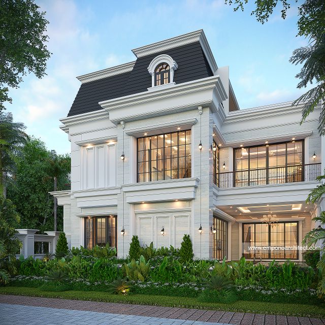Desain Tampak Samping Rumah Mediteran Klasik 3 Lantai Ibu EWT di Surabaya