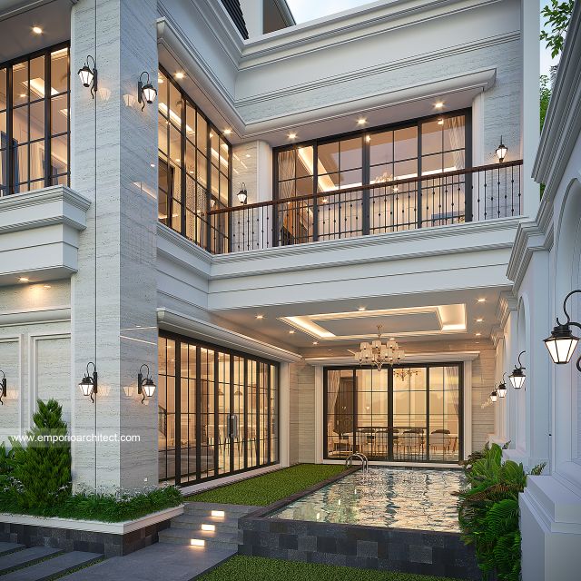 Desain Tampak Detail Samping Rumah Mediteran Klasik 3 Lantai Ibu EWT di Surabaya