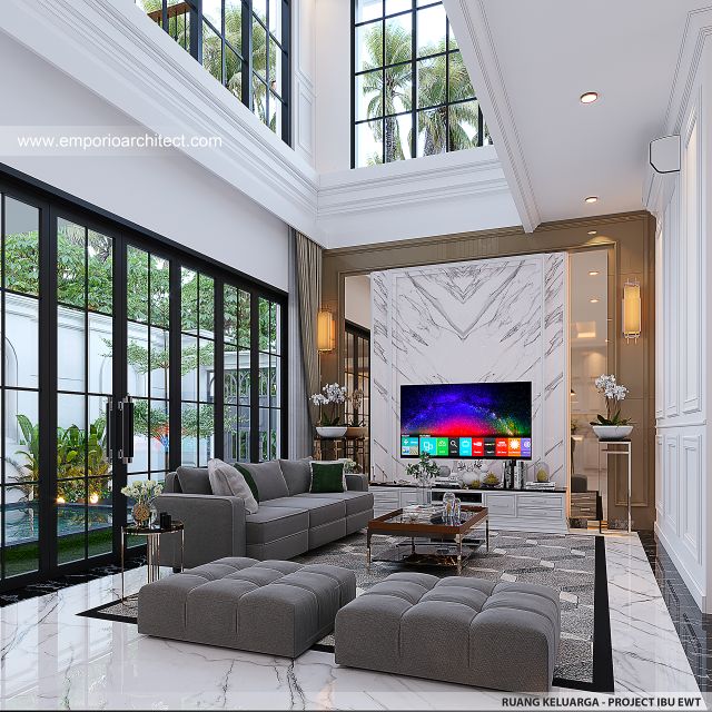 Desain Ruang Keluarga Rumah Mediteran Klasik 3 Lantai Ibu EWT di Surabaya