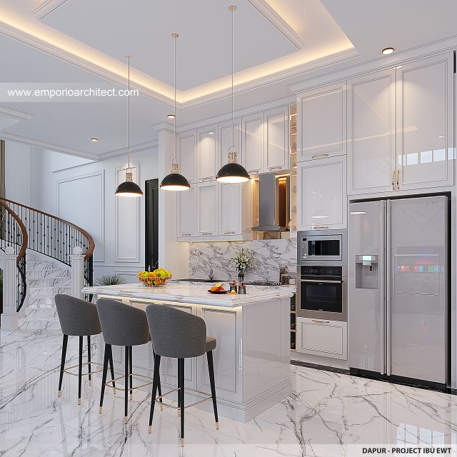 Desain Dapur Rumah Mediteran Klasik 3 Lantai Ibu EWT di Surabaya