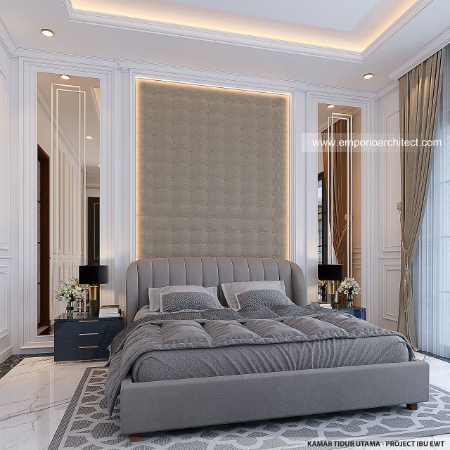 Desain Kamar Tidur Utama Rumah Mediteran Klasik 3 Lantai Ibu EWT di Surabaya