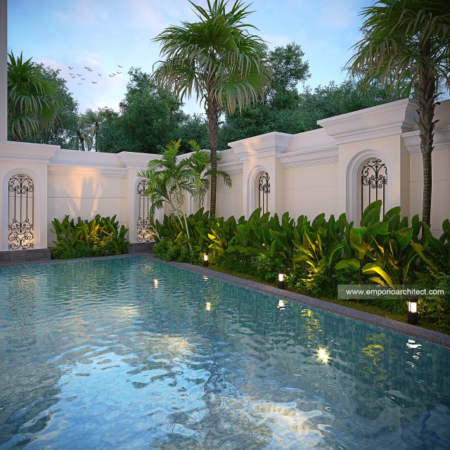 Desain Tampak Detail Kolam Rumah Mediteran Klasik 3 Lantai Bapak TMB di BSD, Tangerang Selatan