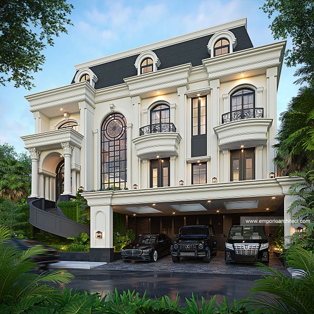 Desain Tampak Depan Rumah Mediteran Klasik 4 Lantai Ibu STF dan Bapak HDR di PIK 2, Tangerang