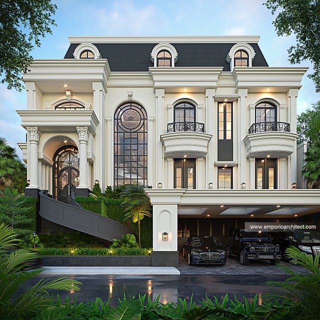 Desain Tampak Depan 2 Rumah Mediteran Klasik 4 Lantai Ibu STF dan Bapak HDR di PIK 2, Tangerang