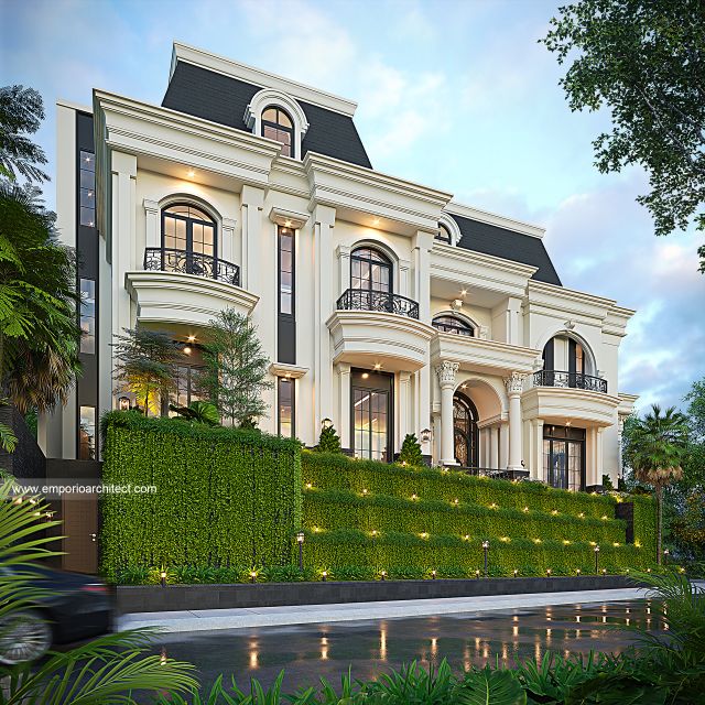 Desain Tampak Samping Rumah Mediteran Klasik 4 Lantai Ibu STF dan Bapak HDR di PIK 2, Tangerang