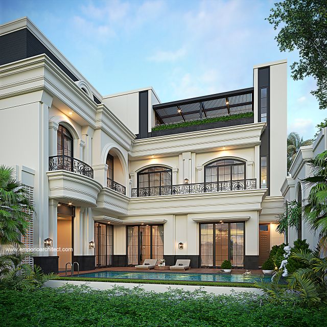Desain Tampak Belakang Rumah Mediteran Klasik 4 Lantai Ibu STF dan Bapak HDR di PIK 2, Tangerang
