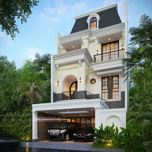 Desain Tampak Depan 2 Rumah Mediteran Klasik 4 Lantai Ibu DSS di Ancol Barat, Jakarta Utara