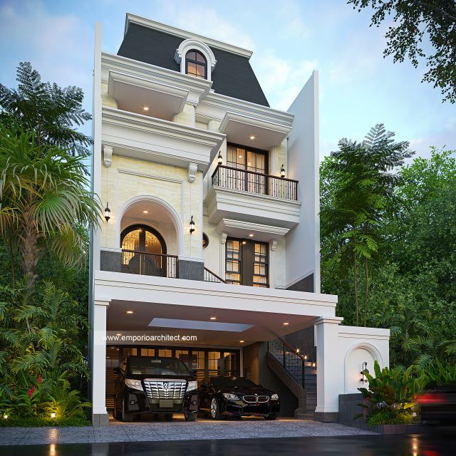 Desain Tampak Depan 3 Rumah Mediteran Klasik 4 Lantai Ibu DSS di Ancol Barat, Jakarta Utara