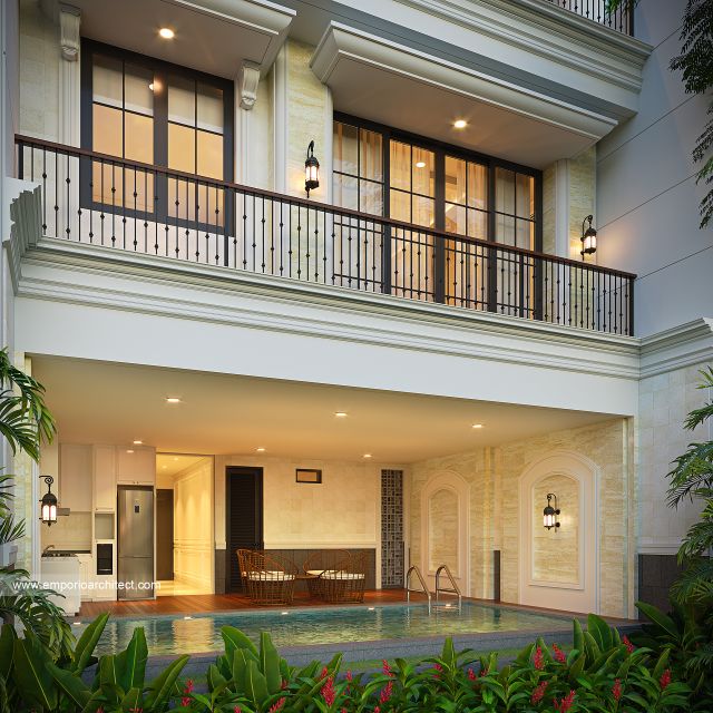 Desain Tampak Belakang Rumah Mediteran Klasik 4 Lantai Ibu DSS di Ancol Barat, Jakarta Utara