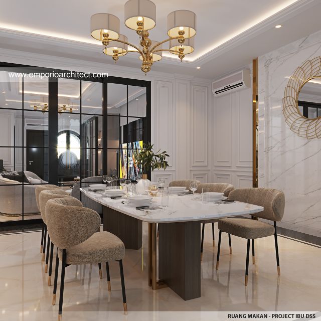 Desain Ruang Makan Rumah Mediteran Klasik 4 Lantai Ibu DSS di Ancol Barat, Jakarta Utara