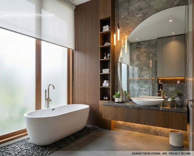 Desain Kamar Mandi Utama Rumah Modern 1 Lantai Ibu NBL di Sragen, Jawa Tengah