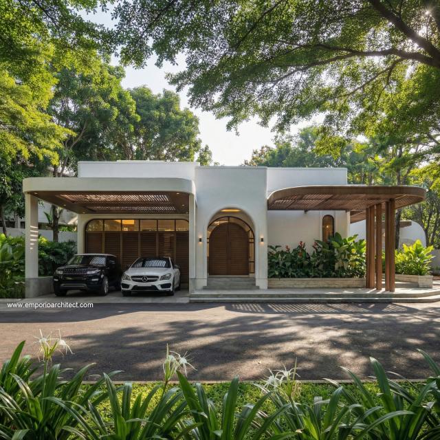 Desain Tampak Depan 2 Rumah Mediteran 1 Lantai Bapak ELG di Jakarta
