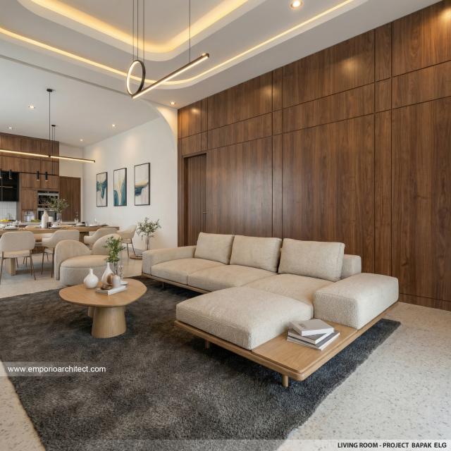Desain Ruang Keluarga Rumah Mediteran 1 Lantai Bapak ELG di Jakarta