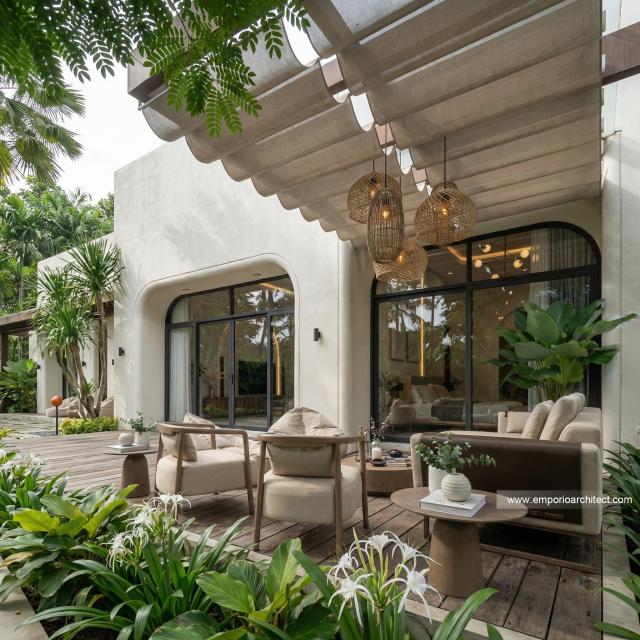 Desain Tampak Detail Belakang 2 Rumah Mediteran 1 Lantai Bapak ELG di Jakarta