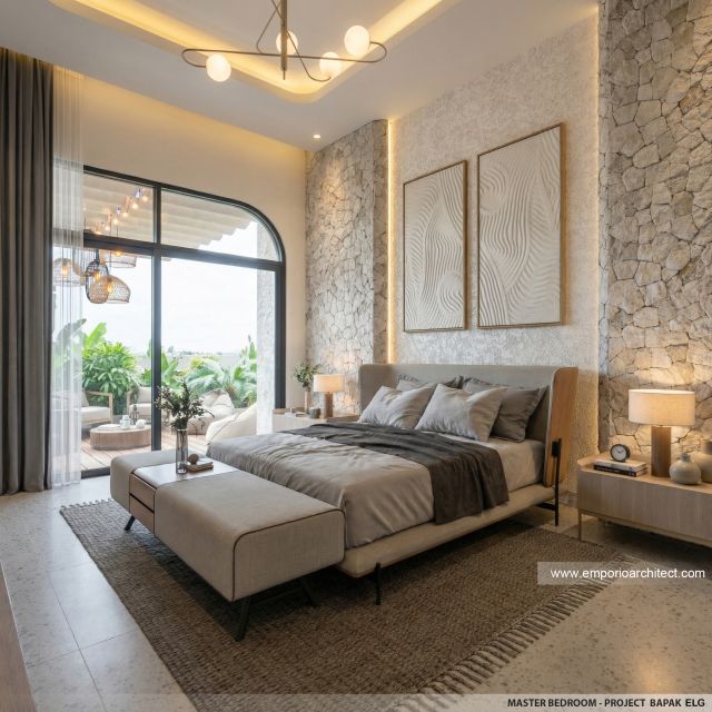 Desain Kamar Tidur Utama Rumah Mediteran 1 Lantai Bapak ELG di Jakarta