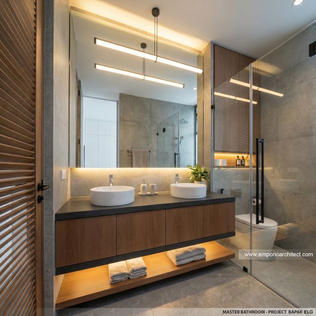 Desain Kamar Mandi Utama Rumah Mediteran 1 Lantai Bapak ELG di Jakarta