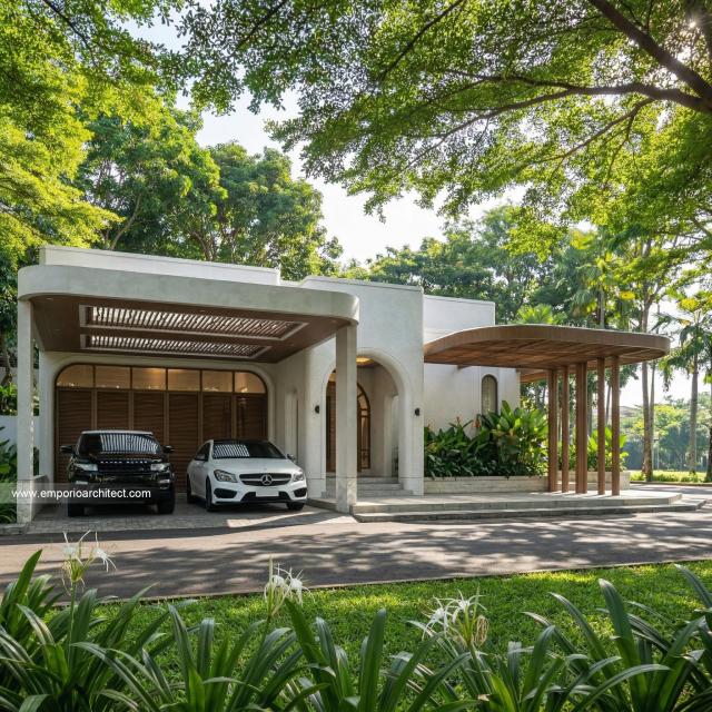 Desain Tampak Depan Rumah Mediteran 1 Lantai Bapak ELG di Jakarta