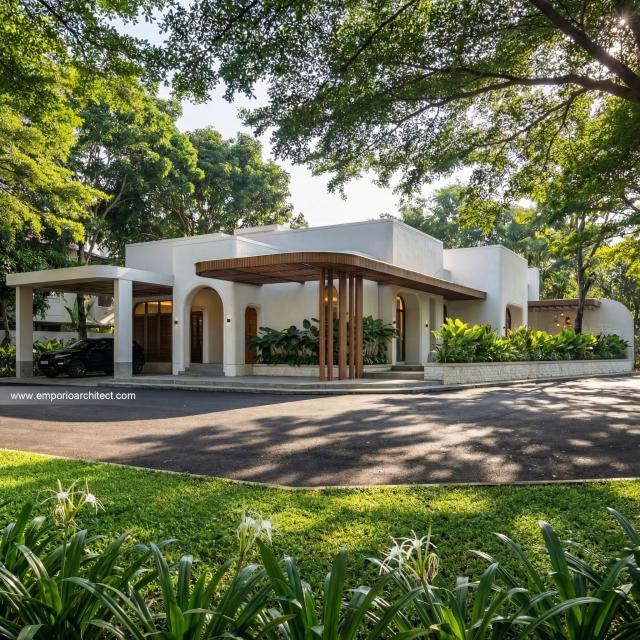 Desain Tampak Hook Rumah Mediteran 1 Lantai Bapak ELG di Jakarta