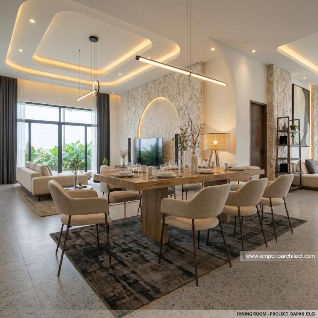 Desain Ruang Makan Rumah Mediteran 1 Lantai Bapak ELG di Jakarta