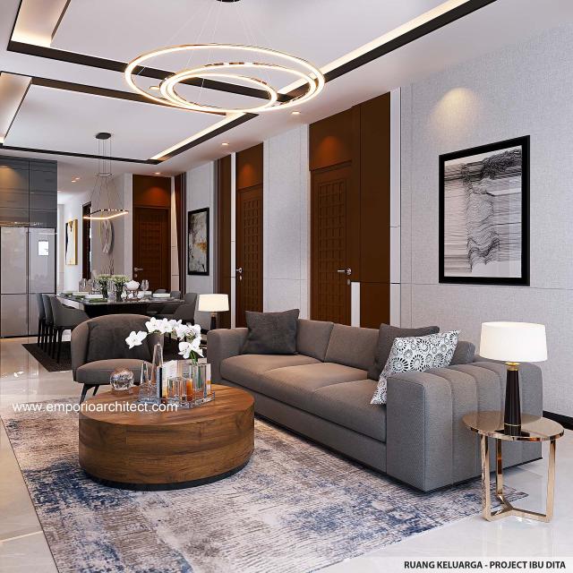 Desain Ruang Keluarga Rumah Modern 1 Lantai Ibu DT di Purwakarta
