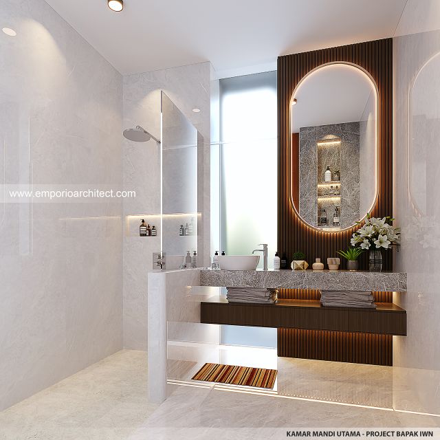 Desain Kamar Mandi Utama Rumah Modern 2 Lantai Bapak IWN di Sukoharjo, Jawa Tengah