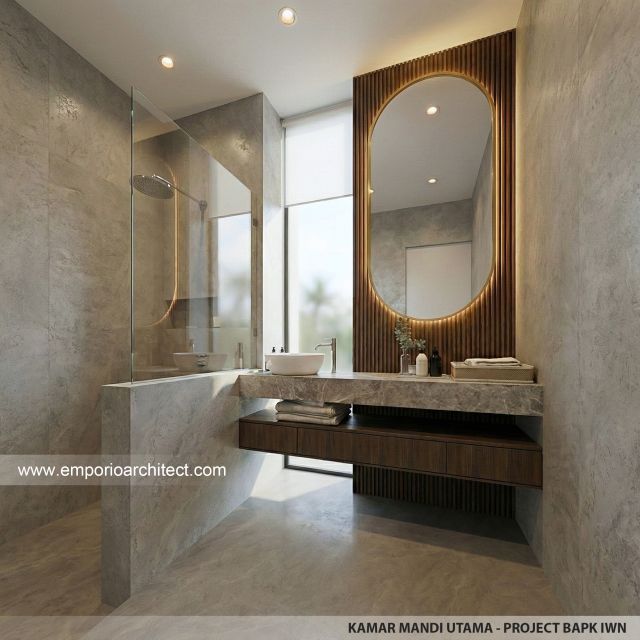Desain Kamar Mandi Utama Rumah Modern 2 Lantai Bapak IWN di Sukoharjo, Jawa Tengah
