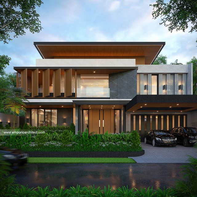 Desain Tampak Depan 2 Rumah Modern 2 Lantai Bapak IWN di Sukoharjo, Jawa Tengah