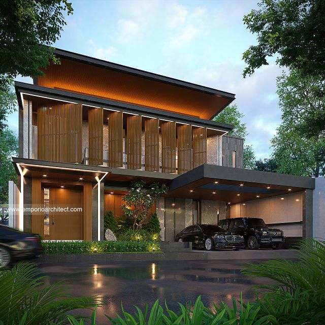 Desain Tampak Depan Rumah Modern 2 Lantai Ibu VV di Palembang