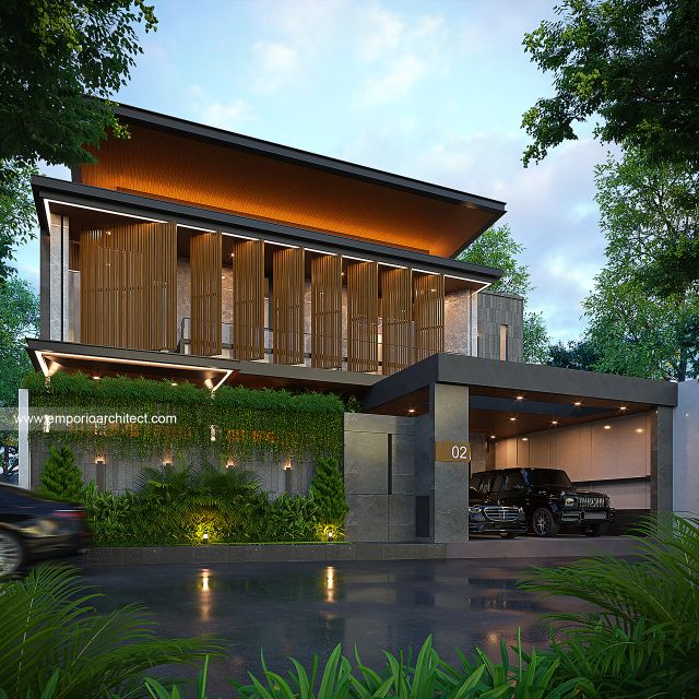 Desain Tampak Depan Dengan Pagar Rumah Modern 2 Lantai Ibu VV di Palembang
