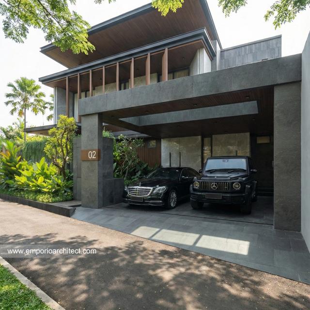 Desain Tampak Detail Depan Rumah Modern 2 Lantai Ibu VV di Palembang