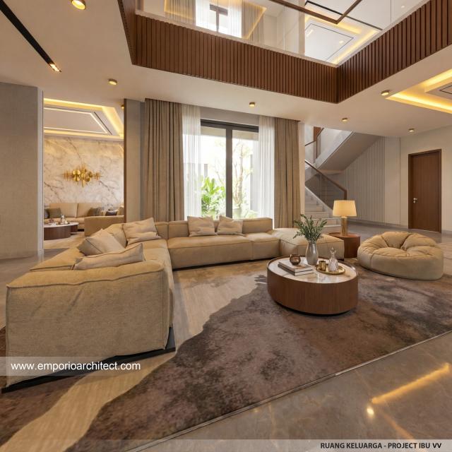 Desain Ruang Keluarga Rumah Modern 2 Lantai Ibu VV di Palembang