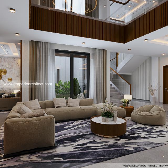 Desain Ruang Keluarga Rumah Modern 2 Lantai Ibu VV di Palembang