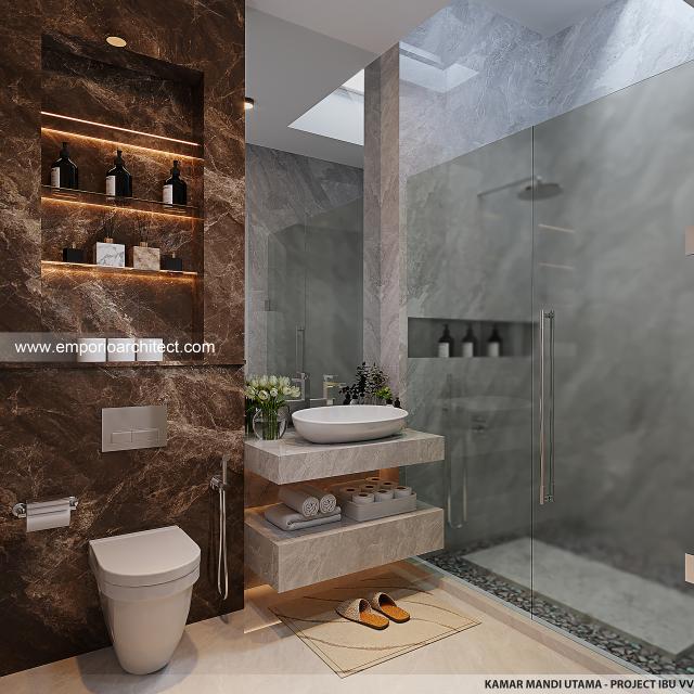 Desain Kamar Mandi Utama Rumah Modern 2 Lantai Ibu VV di Palembang